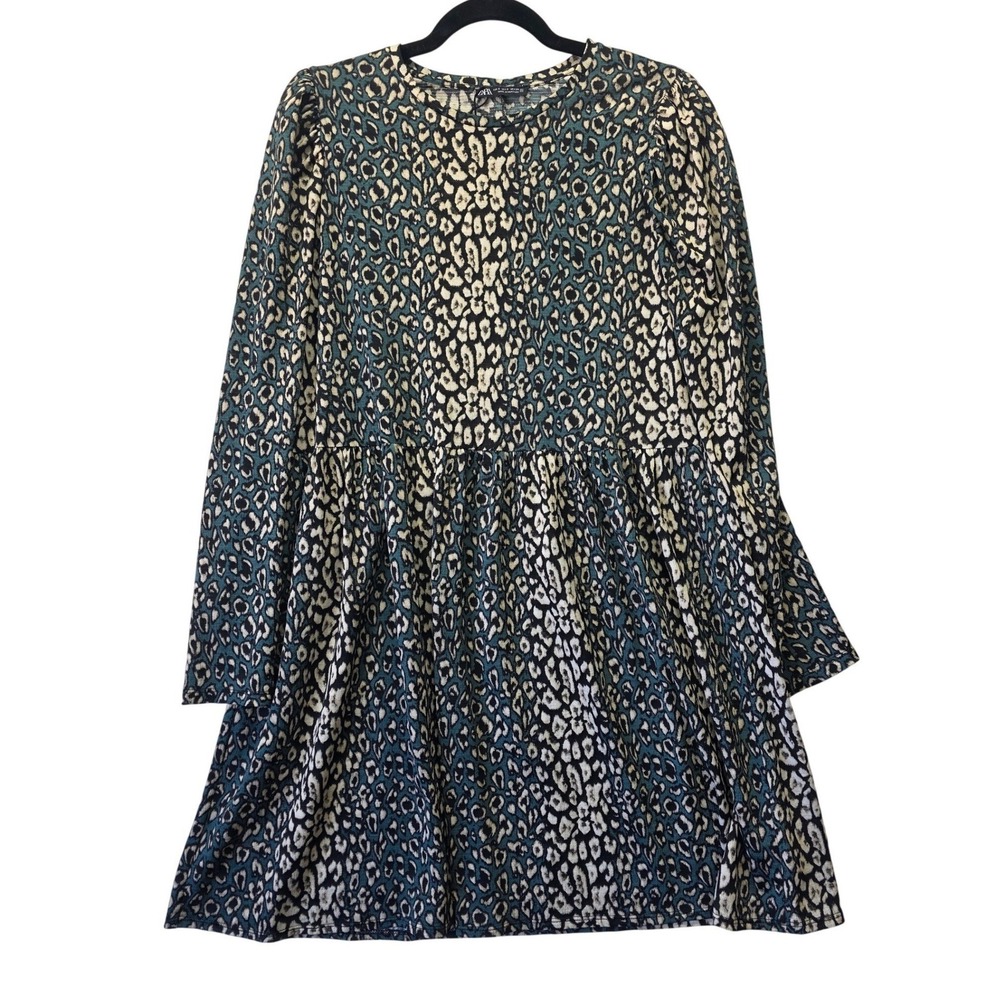 Zara Leopard Print Babydoll Mini Dress Teal Black Mob Wife Womens Size S - Picture 1 of 8